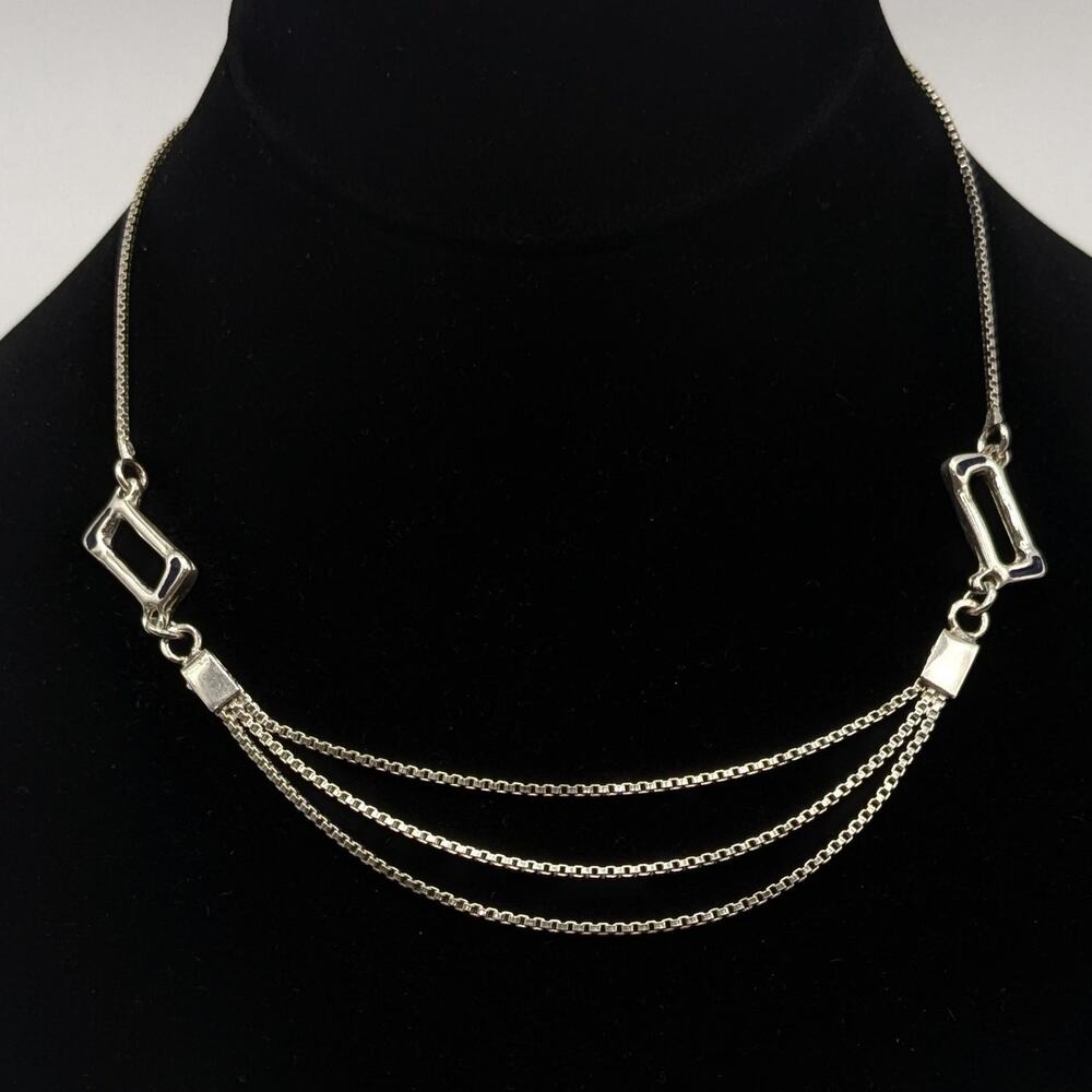 Sterling Silver 925 Dangling Box Chains Necklace Enamel Reversible Signed 197 AR